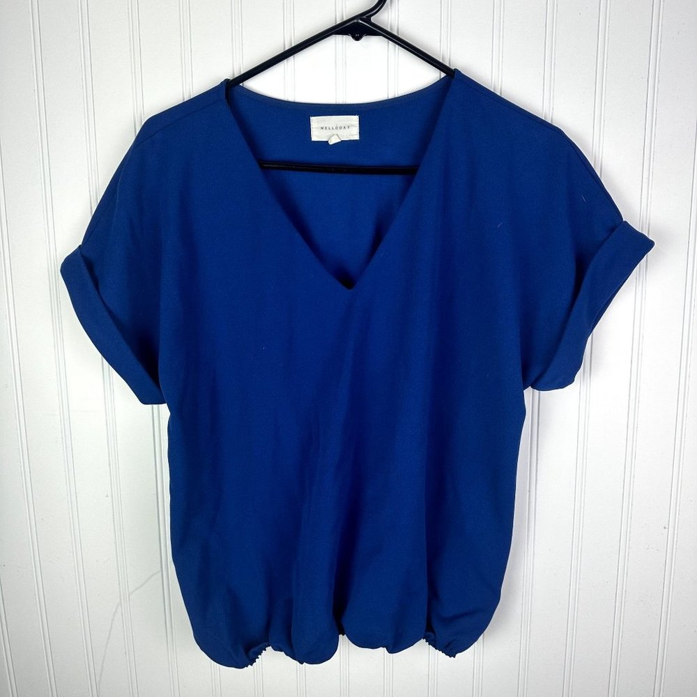 Melloday Blue Blouse V-neck Short Sleeve Size small